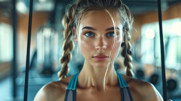 Une femme en forme s'entraîne vigoureusement dans une salle de sport moderne avec une IA générative