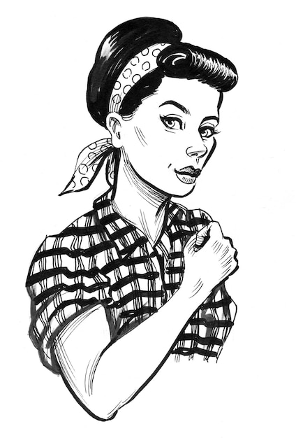 Femme forte de style pin-up. Dessin noir et blanc à l'encre