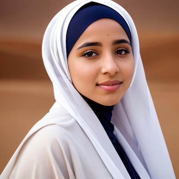 Une femme avec un foulard bleu et un foulard blanc.