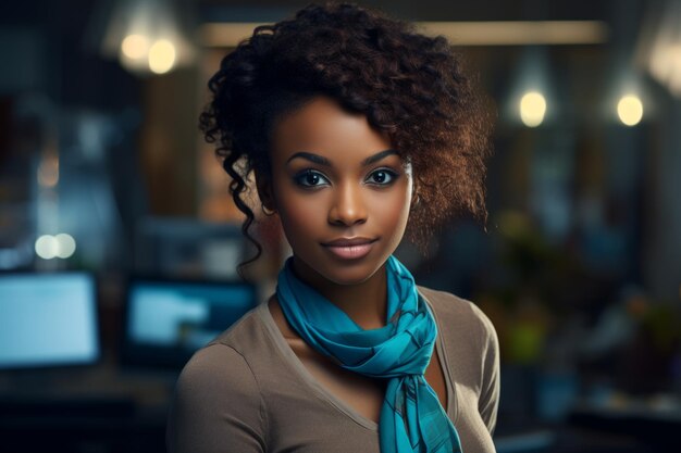 Une femme avec un foulard bleu sourit à la caméra.