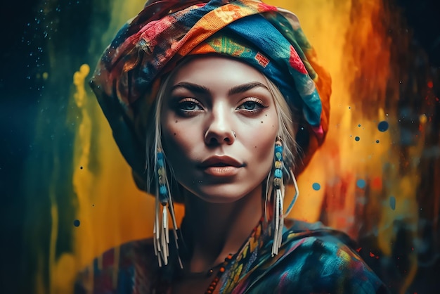 Photo une femme avec un foulard coloré et des boucles d'oreilles en perles