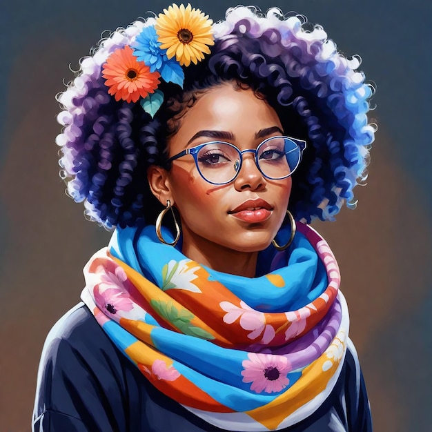 une femme avec un foulard coloré qui dit " fleur sauvage "