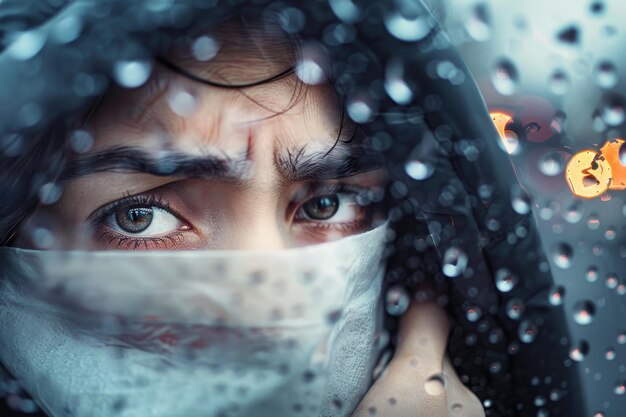 Une femme avec un foulard couvrant son visage regarde par la fenêtre la pluie