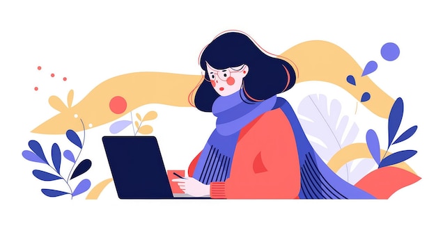 Photo une femme avec un foulard dans le café navigue sur son ordinateur portable