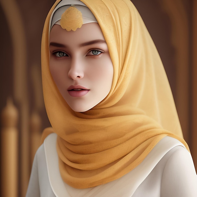 Une femme avec un foulard jaune et une feuille sur la tête