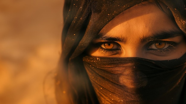 une femme avec un foulard noir couvrant son visage