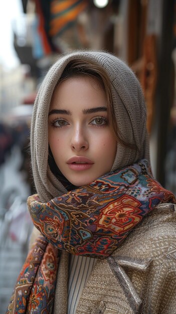 une femme avec un foulard qui dit le mot dessus