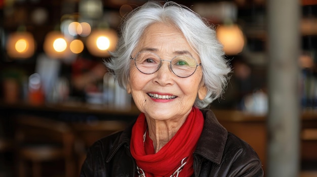 Photo une femme avec un foulard rouge et des lunettes sourit.