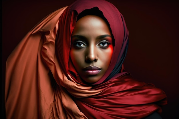 Une femme avec un foulard rouge sur la tête