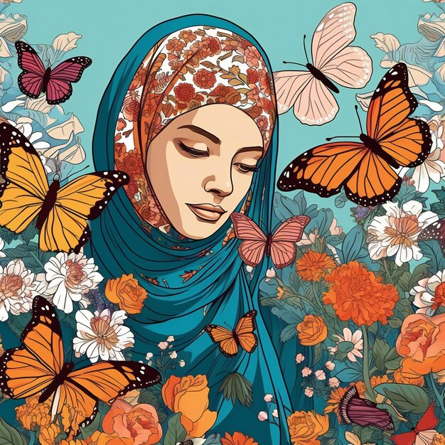 Une femme avec un foulard sur la tête entourée de fleurs et de papillons.