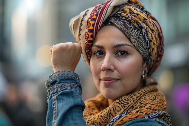 Une femme avec un foulard sur la tête et un feutre autour de la tête