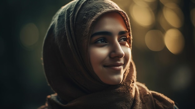 Une femme avec un foulard sur la tête et une lumière qui brille sur son visage.