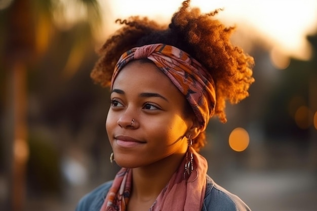 Une femme avec un foulard sur la tête regarde au loin.