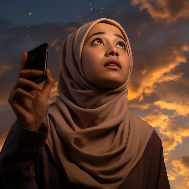 une femme avec un foulard sur la tête tenant un téléphone