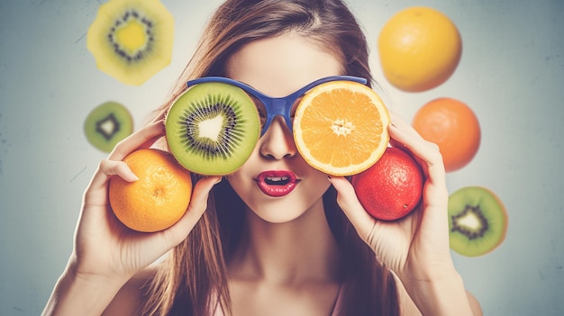 Une femme avec des fruits sur les yeux