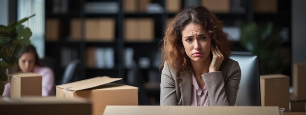 Une femme frustrée et virée est assise parmi des boîtes de carton contenant ses affaires.