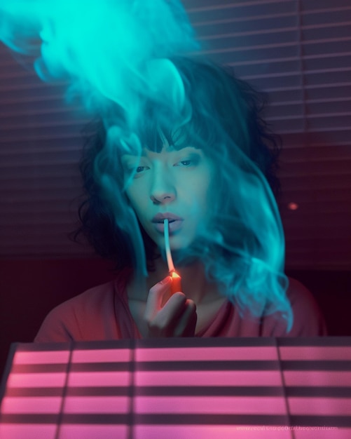 une femme fume une cigarette et une cigarette.