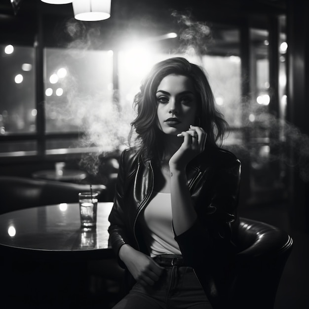 Une femme fume dans un bar