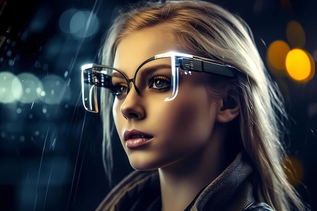 Photo femme futuriste dans des lunettes intelligentes sur fond cyber généré par l'ia