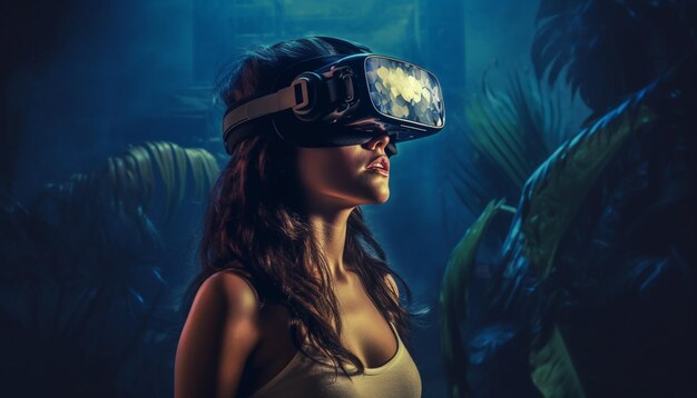 Photo une femme futuriste profite d’une aventure sous-marine en réalité virtuelle générée par l’intelligence artificielle