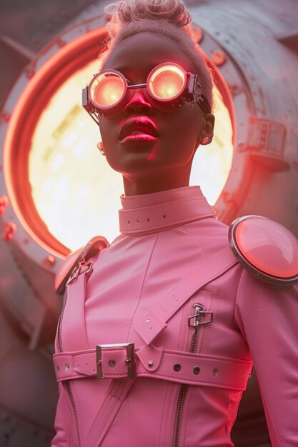 Photo une femme futuriste en tenue de science-fiction rose avec des lunettes réfléchissantes debout contre un cercle lumineux