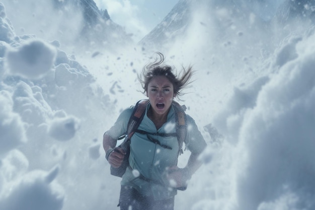 Femme fuyant une avalanche de neige avec l'ai génératif