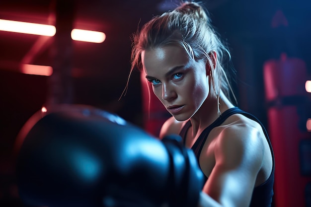 Une femme avec un gant de boxe devant un feu rouge