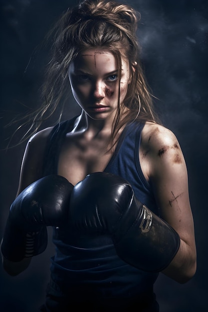 Photo une femme avec des gants de boxe devant un fond sombre