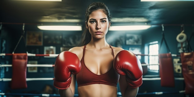 Une femme en gants de boxe sur un ring Concept d'entraînement sportif Illustration générative Ai