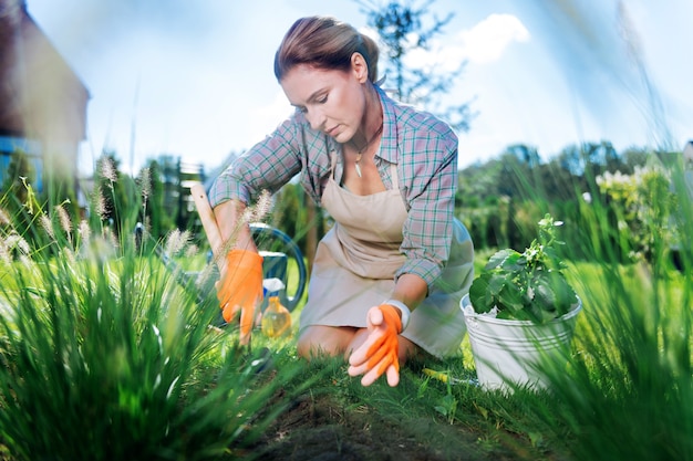 Femme en gants. Femme mature attrayante portant des gants orange et tablier beige tirant les mauvaises herbes dans le jardin