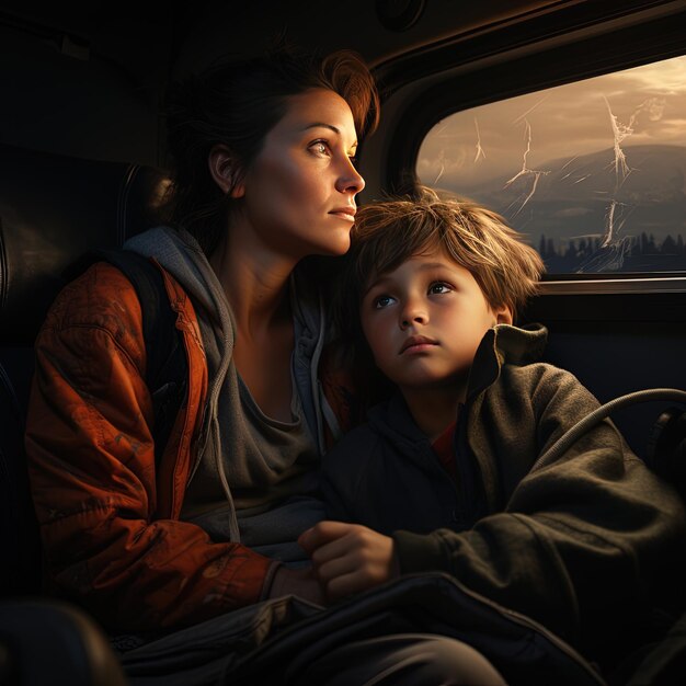 Photo une femme et un garçon regardent par la fenêtre d'une voiture