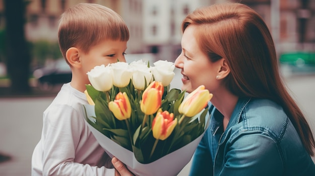 Une femme et un garçon tenant un bouquet de fleurs