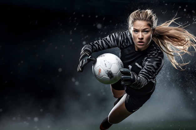 Photo femme gardien de but joueur de football super sûr dans un match de football sur fond sombre athlète féminine