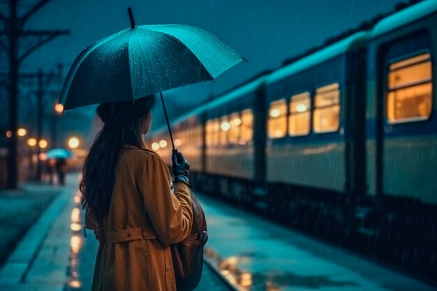 Femme à la gare avec parapluie sous la pluie