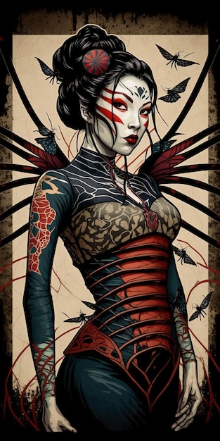 Femme en GEISHA JAPONAISE avec un tatouage coloré sur tout le corps