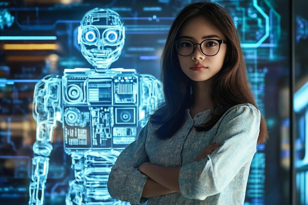 Une femme de génie se tient fièrement à côté d'un robot de sa conception Generative Ai