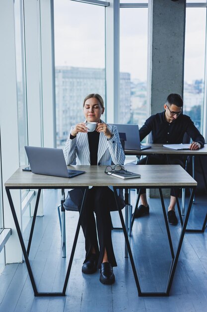 Une femme gestionnaire est assise à un bureau à l'aide d'un ordinateur portable dans un bureau moderne avec un collègue en arrière-plan Ambiance de travail dans un bureau avec de grandes fenêtres