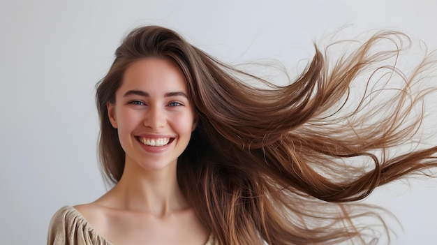 Photo une femme glamour avec des cheveux qui coulent sur un fond neutre