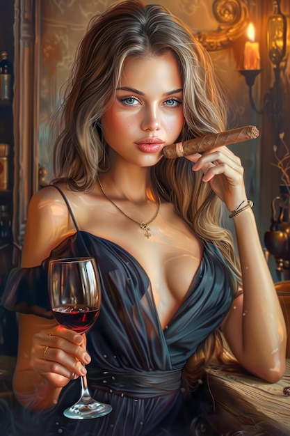 Une femme glamour dans une élégante robe noire tenant un verre de vin et un cigare dans une chambre vintage luxueuse