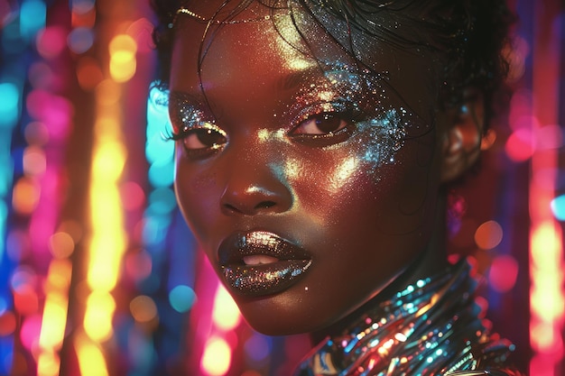 Une femme glamour avec un maquillage scintillant dans des lumières au néon à une fête de boîte de nuit