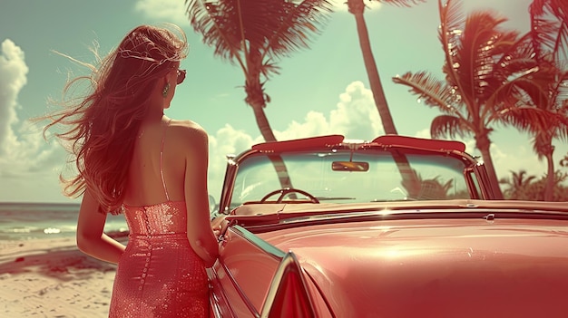 Femme glamour en robe rouge par décapotable vintage sur la plage tropicale