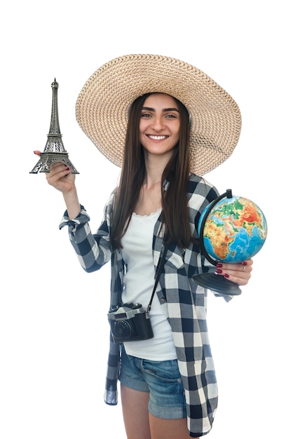Femme, à, Globe, Et, Tour Eiffel, Isolé