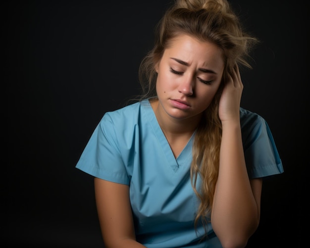 une femme en gommage tenant sa tête dans la douleur