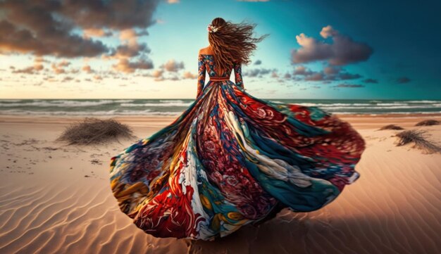Femme gracieuse debout sur la plage en robe colorée fluide Generative AI