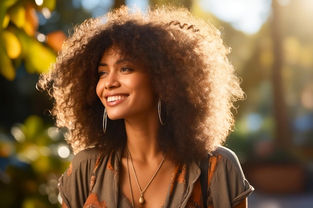 Une femme avec un grand afro sourit à la caméra tout en portant une chemise brune IA générative