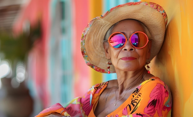 Femme avec un grand chapeau et des lunettes de soleil AI générative