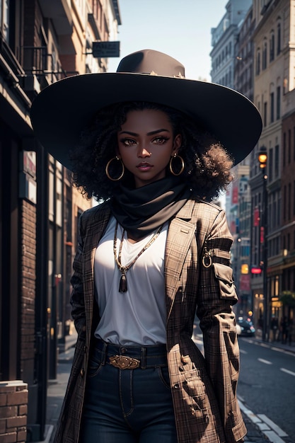 Une femme avec un grand chapeau se tient dans une rue de Manhattan.