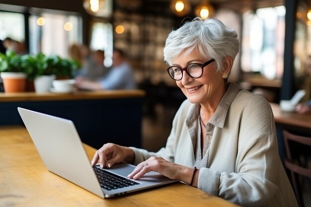 Photo femme grand-mère travaillant sur un ordinateur portable dans un café à table