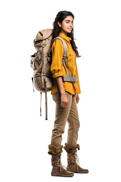 Une femme avec un grand sac à dos se tient devant un fond blanc