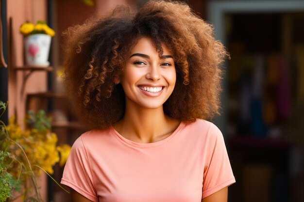 Femme avec un grand sourire afro à la caméra IA générative